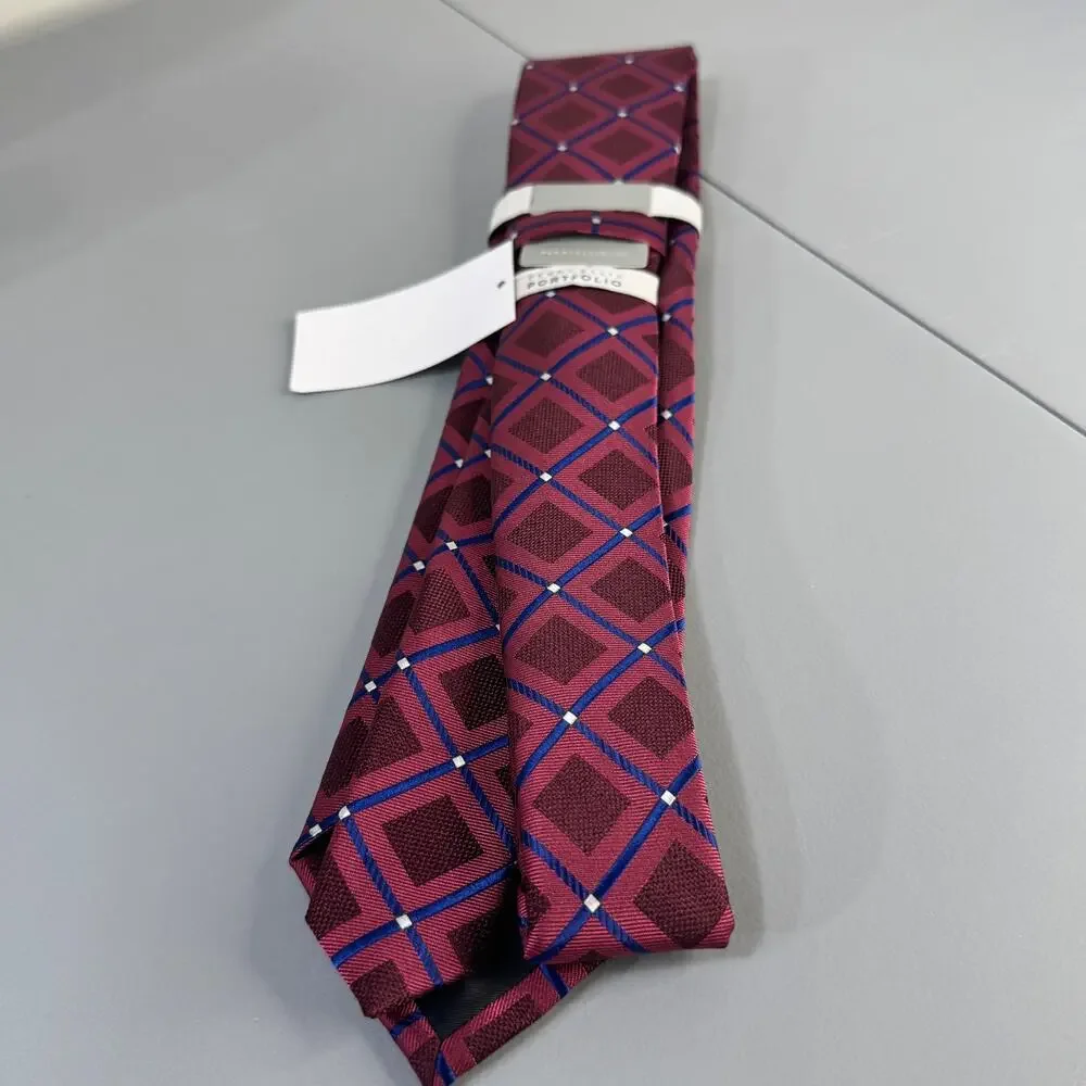 Perry‎ Ellis Portfolio Mens Necktie Hendry Grid Maroon Office Professional New